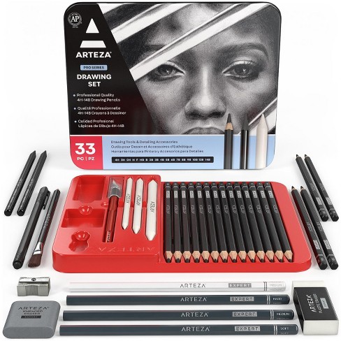 Arteza Professional Drawing Pencils Set - Graphite, Charcoal, Blenders,  Erasers - 33 Pack : Target