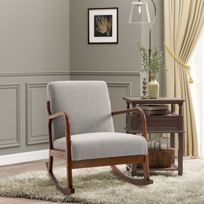 HOMCOM Upholstered Rocking Armchair with Wood Base and Linen Fabric Padded Seat for Living Room, 2 of 9