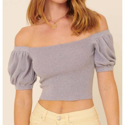 Women's Speckled Rib Knit Off Shoulder Puff Crop Sweater - PROMESA