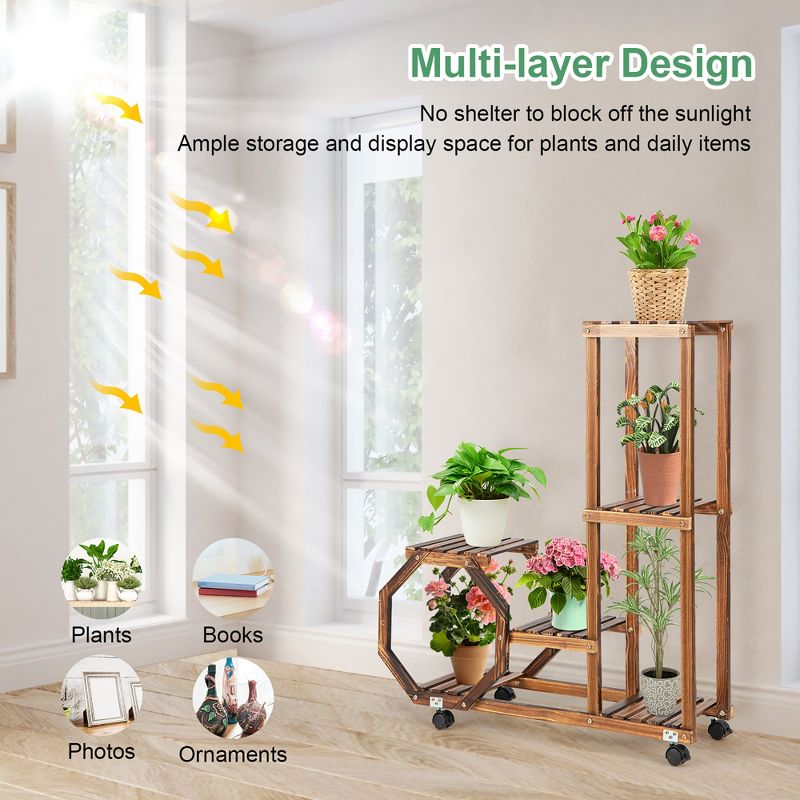 Costway 6-tier 6 Potted Rolling Plant Stand Wooden Storage Display Shelf Rack with Wheels, 5 of 10