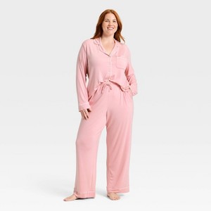 Women's Cloud Knit Modal Long Sleeve Notch Collar Top and Pants Pajama Set - Auden™ - 1 of 3