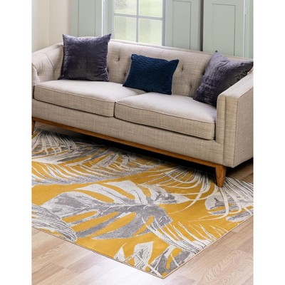 Yellow and Ivory Floral Rectangular Synthetic Rug