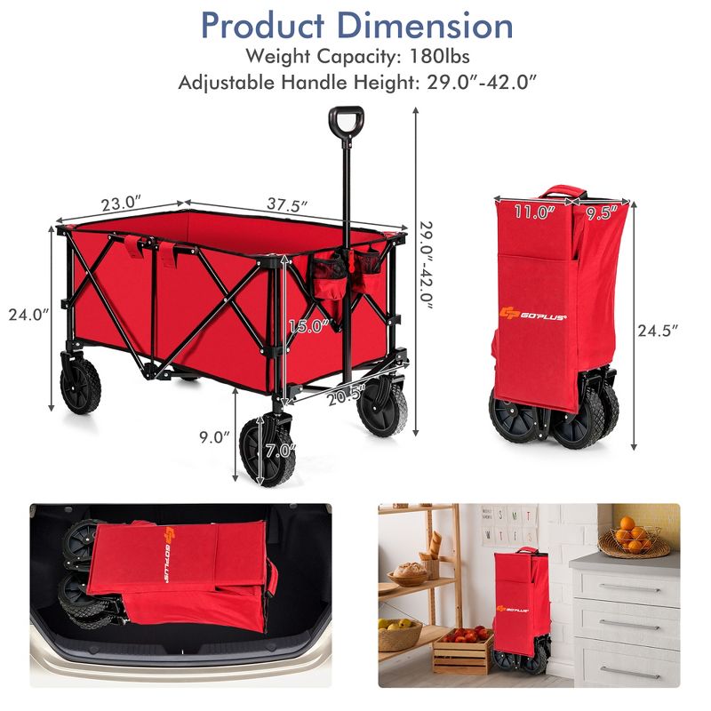 Costway Folding Collapsible Wagon Utility Camping Cart W/Wheels & Adjustable Handle Red\Grey\Navy, 4 of 11