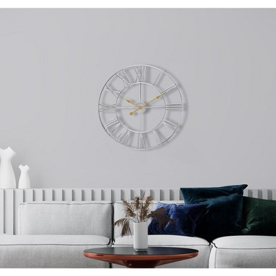 Oversized Silver Metal Roman Numeral Wall Clock