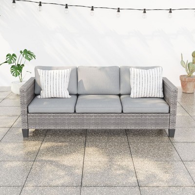 Sonkuki Outdoor Wicker Patio 3-Seat Sofa, PE Rattan Conversation Set With All-Weather Cushions