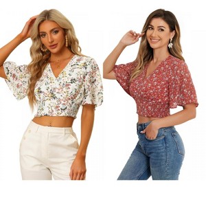 INSPIRE CHIC Women's Floral Flare Short Sleeve V Neck Summer Smocked Crop Tops 2 Packs - 1 of 4