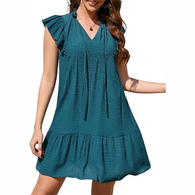 Women's Babydoll Mini Dress Summer V Neck Sleeveless Flutter Sleeve Boho Floral Flowy Shift Short Dress Solid Green M