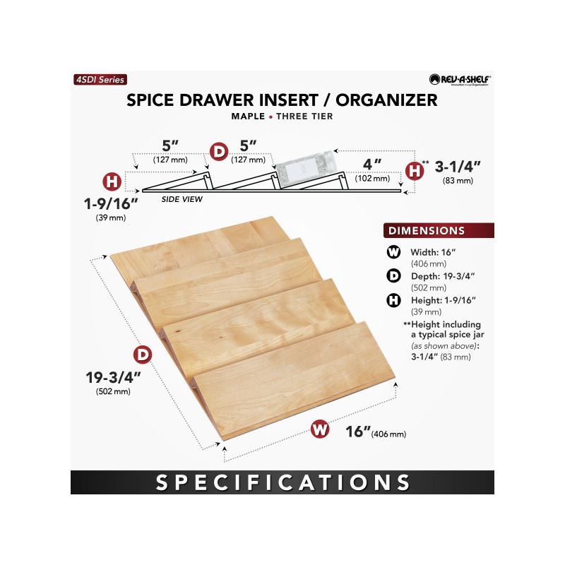 Rev-A-Shelf 4SDI 3-Tier Trim-to-Fit Wooden Spice Drawer Storage Organizer Cabinet Insert, Natural Maple, 4 of 7