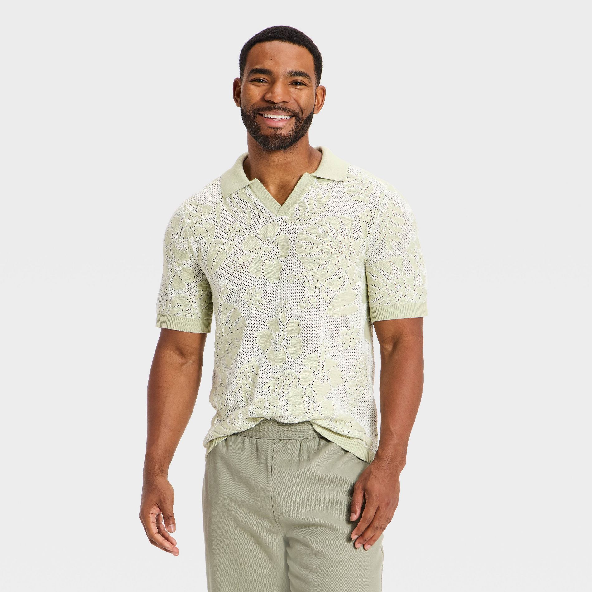 Men's Short Sleeve Palm Print Johnny Collar Polo Sweater - Goodfellow & Co™ Green