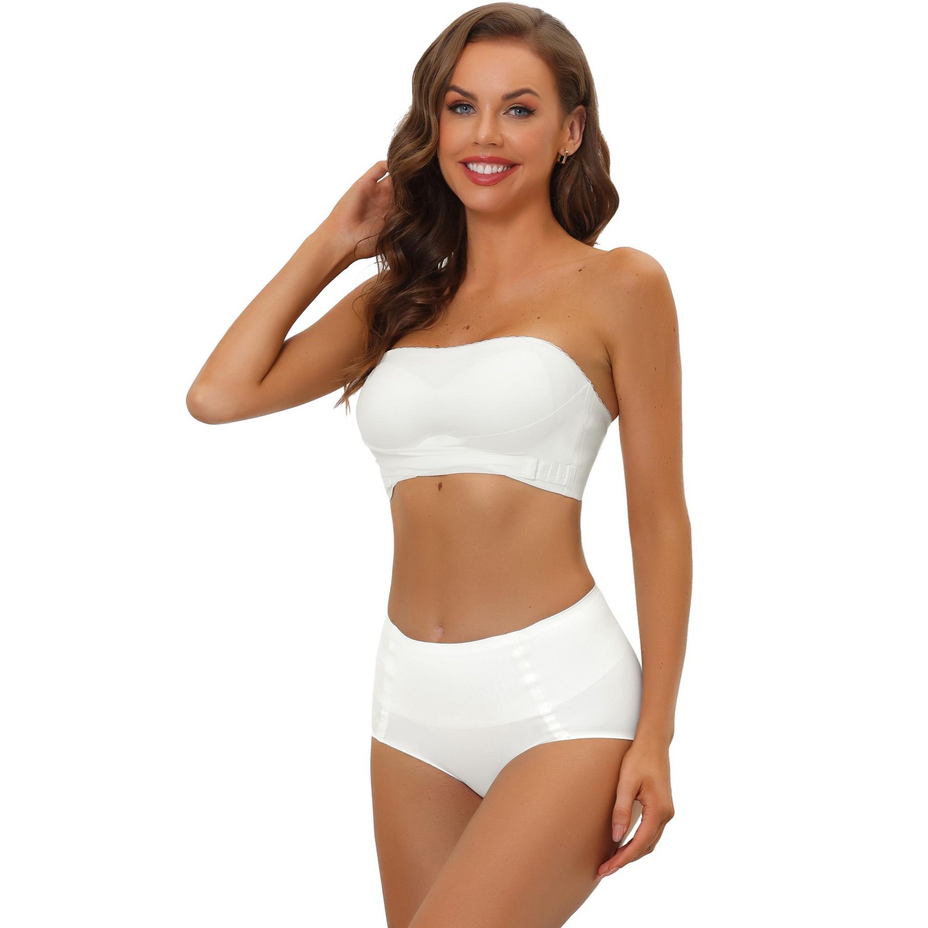 Allegra K Women's Wirefree Non-Slip Front Buckles Strapless Bandeau Bra and Panty Sets White Small