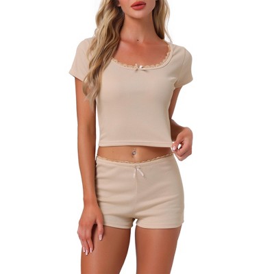 INSPIRE CHIC Women's Cotton Lace Trim Short Sleeve Top and Shorts Pajama Sets