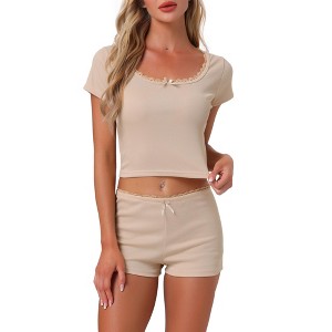 INSPIRE CHIC Women's Cotton Lace Trim Short Sleeve Top and Shorts Pajama Sets - 1 of 4