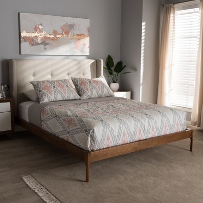 Brooklyn Mid-Century Walnut Wood Upholstered Full Bed with Tufted Headboard