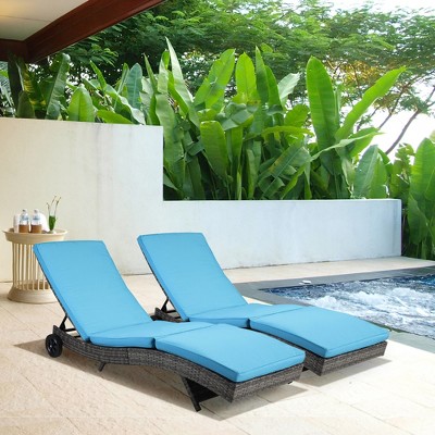 Sky Blue Cushioned Rattan Chaise Lounge Set with Adjustable Backrest