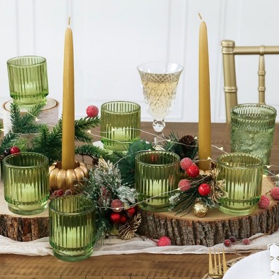 Set of 6 Green Ribbed Glass Votive Candle Holders