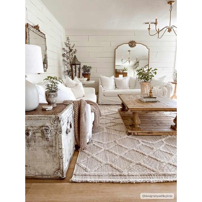 Cream and Peach Geometric High-Low Polyester Area Rug 5'3" x 7'