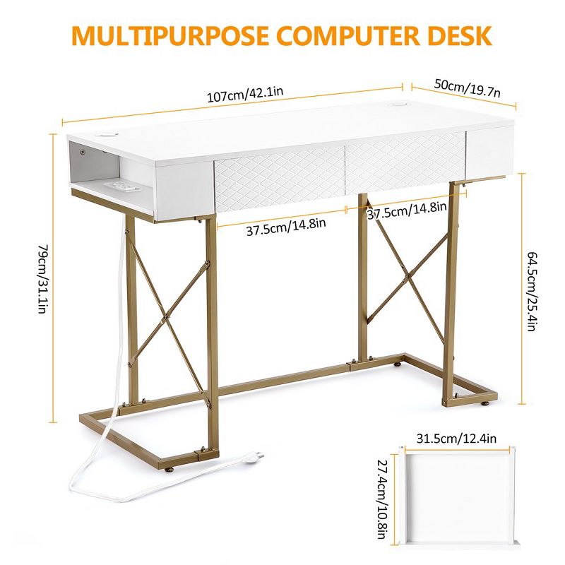 Modern Desk, 42 Inch Home Office Desk, Makeup Vanity Dressing Table, White, 2 of 7