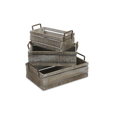 Cheung's Selma Set of 3 Brown Wood Grain Slatted Rectangular Small Crate with Side Handles
