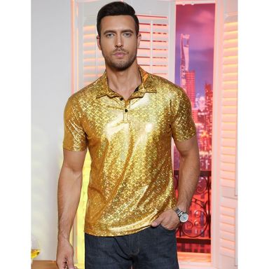 green emerald velvet dress Men's Black Shiny Printed Button Up Long Sleeve Dress Shirt Black / MD main image 0