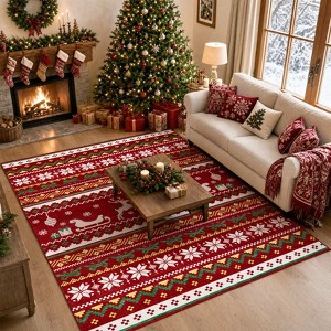 6'x9' Red Christmas Area Rug, Vintage Floor Carpet with Reindeer Sleigh ...