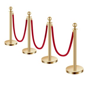 VEVOR Stanchions and Velvet Ropes 4Pcs,Hollow Base with Stainless Steel Post,3 Red Velvet Ropes and Posts,Crowd Control Barriers Gold Stanchions,Gold - 1 of 4