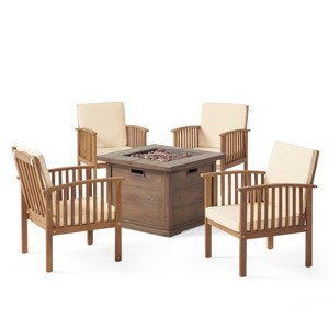 Christopher Knight Home Carolina Outdoor Acacia Wood 5 Piece Club Chair and Fire Pit Set with Cushions - 1 of 4