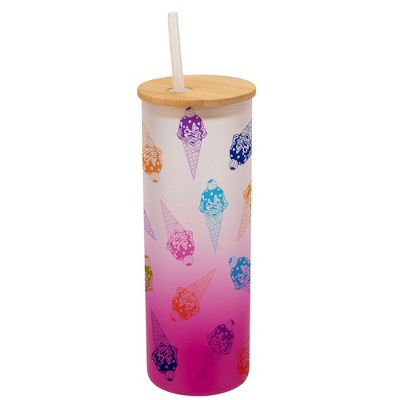 Elanze Designs Ice Cream Cone Treats Rainbow Wrap-Around Design 25 Ounce Frosted Gradient Glass On-The-Go Coffee Travel Skinny Tumbler Mug Cup, Bamboo