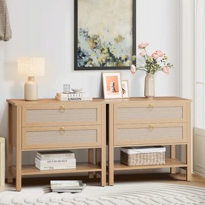 Rattan Nightstand Set of 2, Boho Farmhouse Bedside Tables with 2 Drawers & Open Shelf - Large Bedroom Nightstands, Living Room Side Tables - 1 of 4