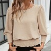 Women's Blouse Puff Sleeve Smocked Waist Scalloped Hem Casual Loose Fit Round Neck Top - 4 of 4