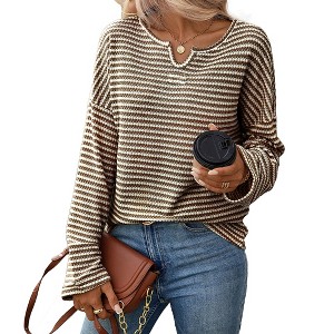 Coolmee Women's Fashion Sweatshirt Casual Waffle Knit Long Sleeve V Neck Split Pullover Tunic Tops - 1 of 4