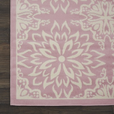 Ivory and Pink Floral Synthetic 8' x 10' Rectangular Rug