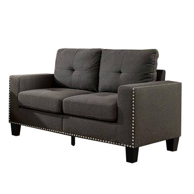 Fabric Upholstered Loveseat with Track Arms and Nailhead Trim Dark Gray - Benzara