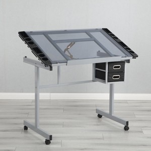 YOOCOZZ Adjustable Art Drawing Desk Craft Station Drafting with 2 Fabric Drawers and 4 Wheels-Silver Grey - 1 of 4