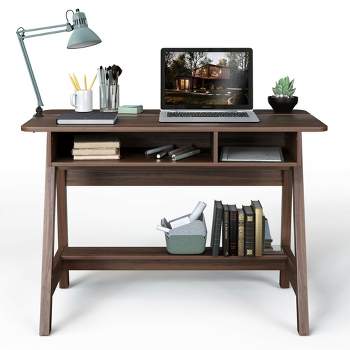 Tangkula Writing Desk with Storage Wooden Computer Desk w/Open Cabinet Storage Shelf and Hidden Compartment Student Desk for Small Spaces