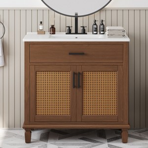 Christopher Knight Home Behram Modern 36" Rattan and Wood Bathroom Vanity with Ceramic Sink and 3 Drawers - 1 of 4
