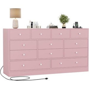 Jojoka 61" Wood Dresser w/ 12 Drawers, Built-in Power Outlet & Metal Glide Rails - Spacious Storage Chest for Bedroom, Living Room & Hallway - 1 of 4