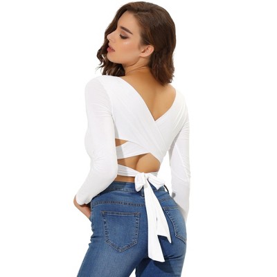 INSPIRE CHIC Women's Criss Cross Long Sleeve Scoop Neck Tie Back Crop Top