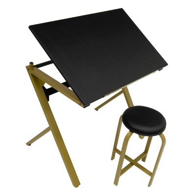 Stellar 36" Black and Gold Adjustable Drawing Table with Padded Stool