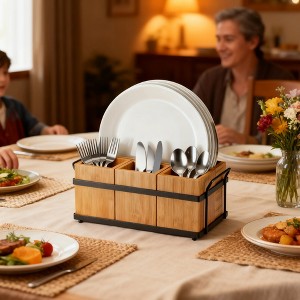 4 in-1 Bamboo Utensil Caddy with Removable Divider - Portable Kitchen & Dining Organizer for Cutlery, Napkins, Plates, (Iron Frame + Wooden Tubs) - 1 of 4