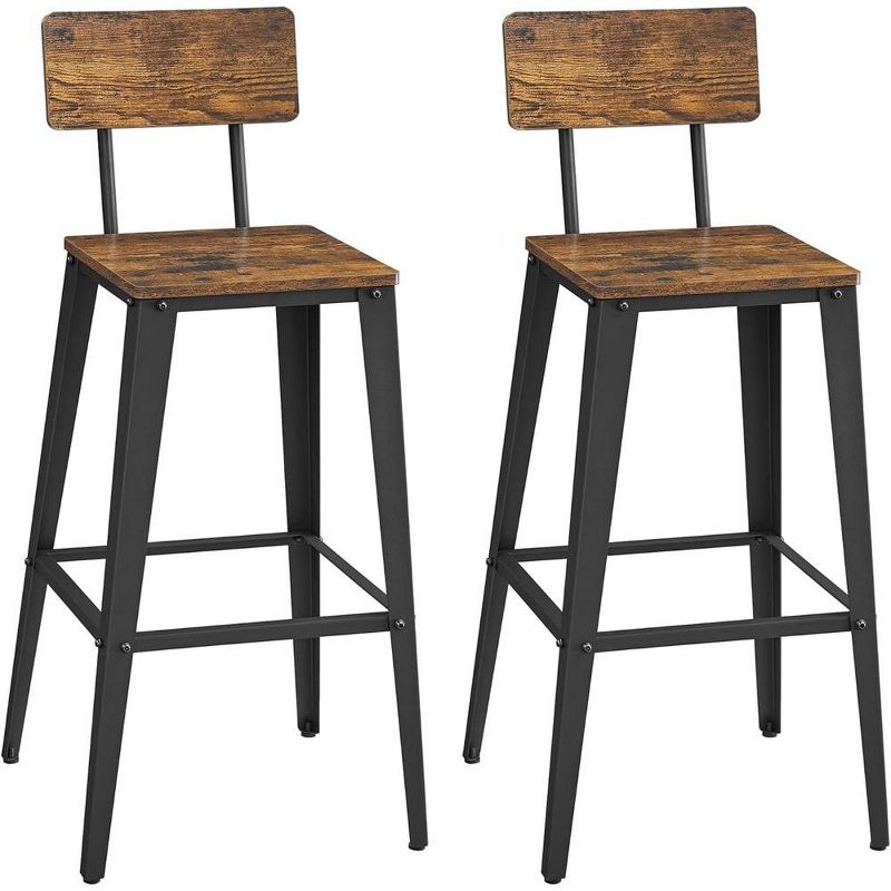 VASAGLE Set of 2 Bar Stools, Bar Height Stools, Tall Bar Stools with Back, Bar Chairs, Steel Frame, Industrial Style, Rustic Brown and Black, 1 of 5