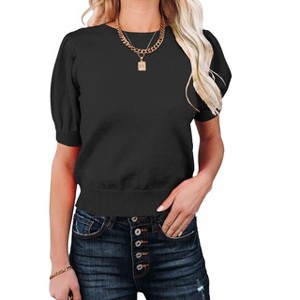 Clearlove Womens Puff Short Sleeve Sweater Tops Crewneck Basic Knit Pullover Lightweight Solid Casual Sweaters Blouse - 1 of 4