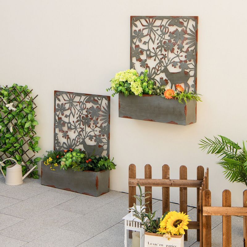 Tangkula Set of 2 Decorative Raised Garden Bed Wall-mounted Metal Planter Box w/ Trellis, 2 of 11