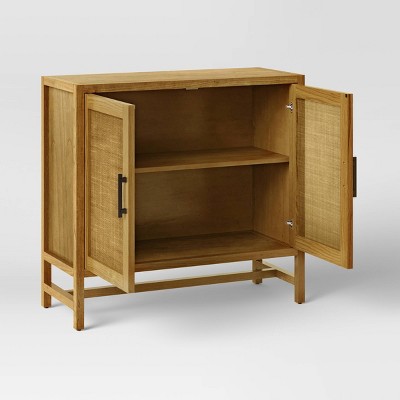 Natural Wood and Rattan 2-Door Cabinet with Adjustable Shelving
