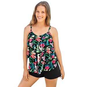 Swim 365 Women's Plus Size Longer-Length Tiered-Ruffle Tankini Top - 1 of 4