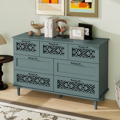 Okak Antique 7-Drawer Bedroom Dressers with Cutout Pattern Solid Wood Legs, Wooden Chest of Drawers for Bedroom/Entryway/Study, Dark Green