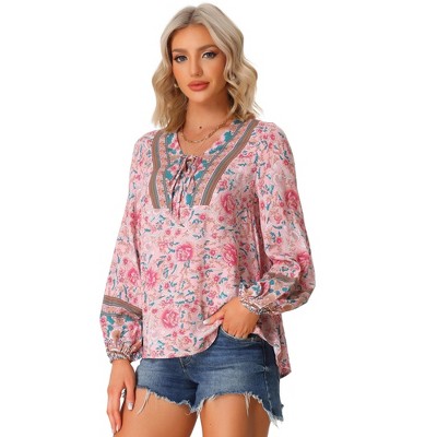 Allegra K Women S Boho Floral Loose Long Sleeve Tie Front Casual Relax Tops Target
