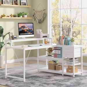 JUJABU 55-Inch L-Shaped Home Office Desk with Monitor Riser, Drawers, Storage Shelves - 1 of 4