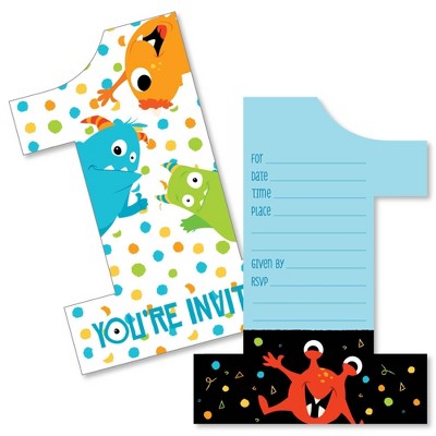 Big Dot of Happiness 1st Birthday Monster Bash - Shaped Fill-in Invites - Little Monster First Birthday Party Invite Cards with Envelopes - Set of 12