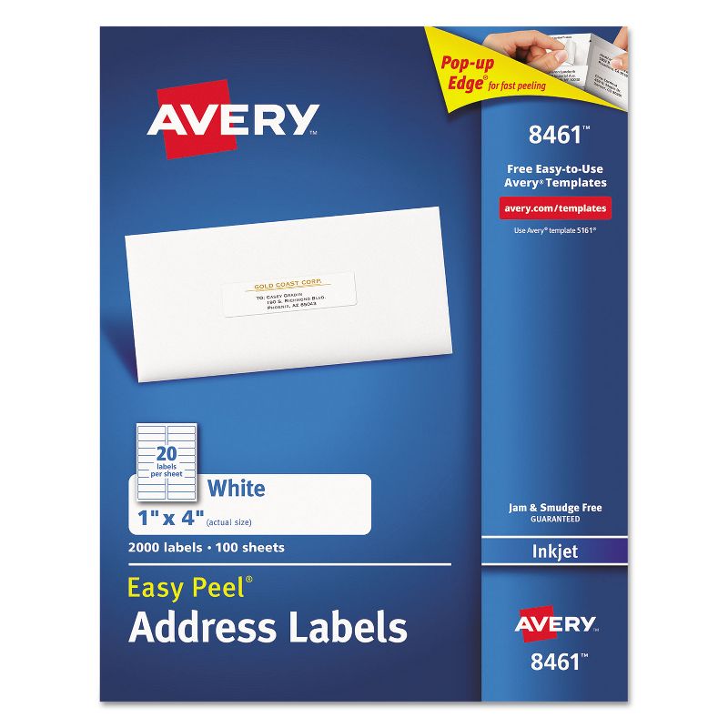 Avery Easy Peel Mailing Address Labels Inkjet 1 x 4 White 2000/Box 8461, 1 of 10