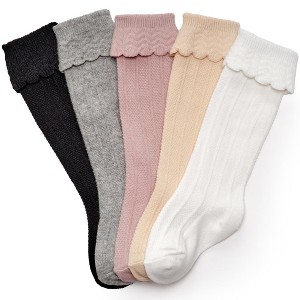 Cozyway Ruffled Baby Knee High Socks for Girls, 5 Pack, Neutral Pastels, 6-12 Months Old - 1 of 4